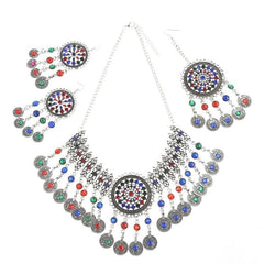Afghan Silver Color Coin Tassel Bib Statement Necklace & Earring Sets for Women Turkish Gypsy Rhinestone Necklace Party Jewelry