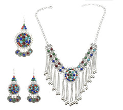 Afghan Silver Color Coin Tassel Bib Statement Necklace & Earring Sets for Women Turkish Gypsy Rhinestone Necklace Party Jewelry