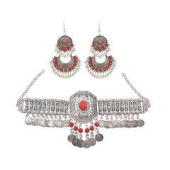 Afghan Silver Color Coin Tassel Bib Statement Necklace & Earring Sets for Women Turkish Gypsy Rhinestone Necklace Party Jewelry