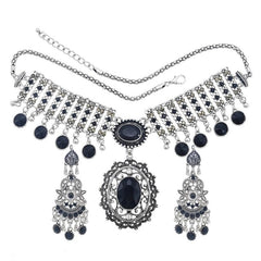 Afghan Silver Color Coin Tassel Bib Statement Necklace & Earring Sets for Women Turkish Gypsy Rhinestone Necklace Party Jewelry