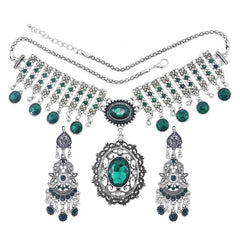 Afghan Silver Color Coin Tassel Bib Statement Necklace & Earring Sets for Women Turkish Gypsy Rhinestone Necklace Party Jewelry