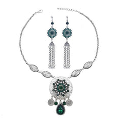 Afghan Silver Color Coin Tassel Bib Statement Necklace & Earring Sets for Women Turkish Gypsy Rhinestone Necklace Party Jewelry