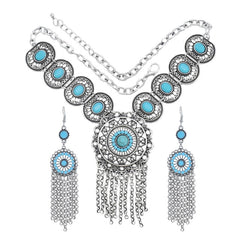 Afghan Silver Color Coin Tassel Bib Statement Necklace & Earring Sets for Women Turkish Gypsy Rhinestone Necklace Party Jewelry