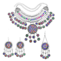 Afghan Silver Color Coin Tassel Bib Statement Necklace & Earring Sets for Women Turkish Gypsy Rhinestone Necklace Party Jewelry