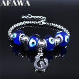 Blue Islam Eyes Persian Love Poems Stainless Steel Glass Bracelet Bangle Silver Color Beads Bracelet Jewelry joyas BXS05
