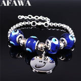 Blue Islam Eyes Persian Love Poems Stainless Steel Glass Beads Bracelet Bangle Silver Color Charm Bracelet Jewelry bijoux BXS05