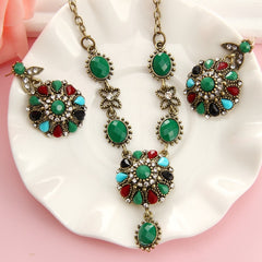 Vintage Crystal Turkish Jewelry Sets Multi Colour Gold Chunky Necklace Earrings For Women Fashion Accessories Gift