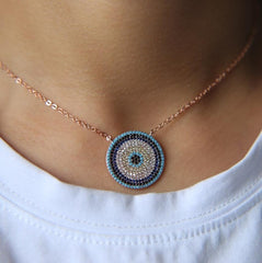 NEW Authentic turquoises turkish evil eye round fashion trendy girl lady micro pave cz fashion necklace