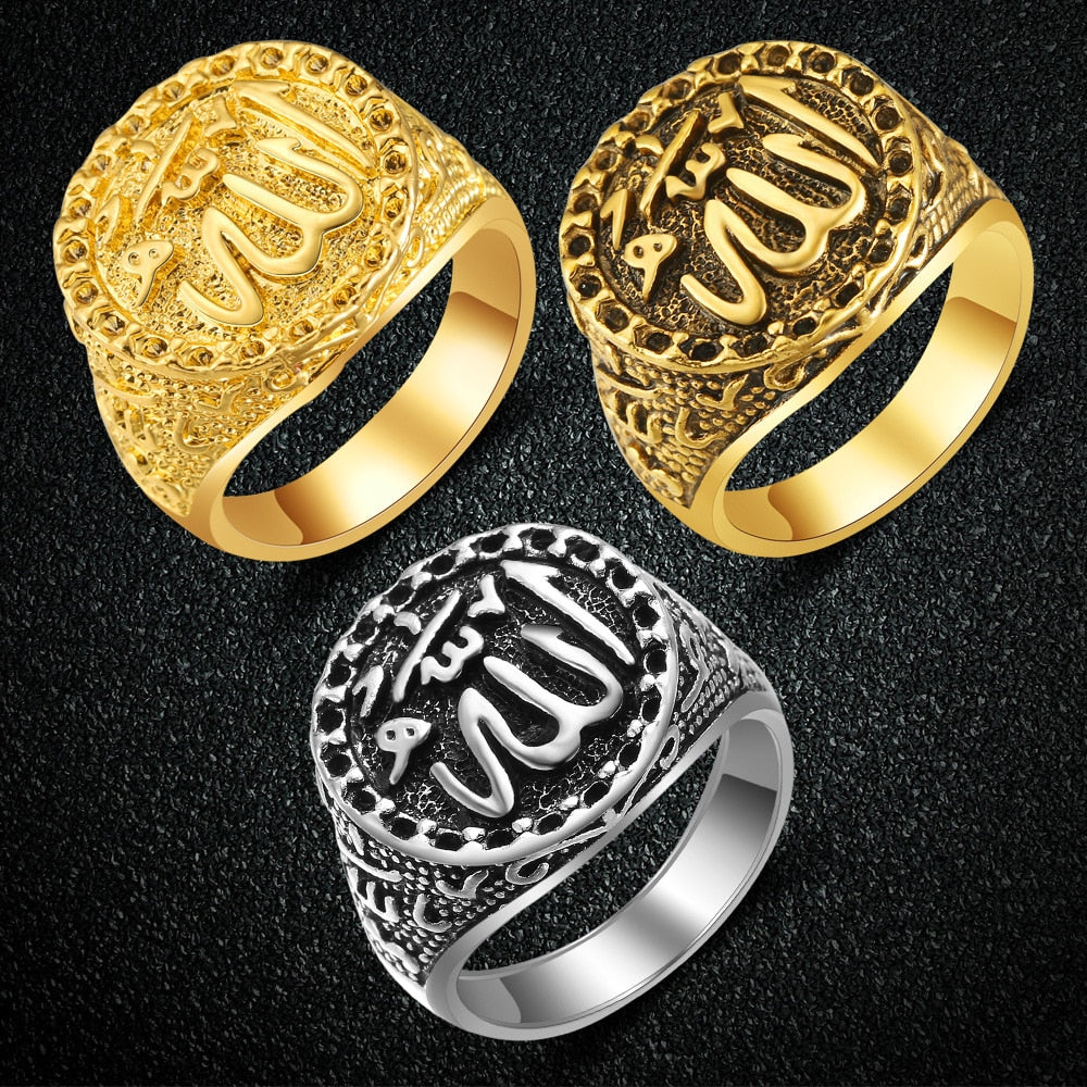 CHENGXUN Middle East Jewelry Arab Muslim Islam Ring for Men and Women Fashion Retro Allah Ring Punk Style Antique Gold