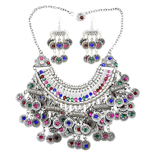 Afghan Silver Color Coin Tassel Bib Statement Necklace & Earring Sets for Women Turkish Gypsy Rhinestone Necklace Party  Jewelry