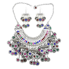 Afghan Silver Color Coin Tassel Bib Statement Necklace & Earring Sets for Women Turkish Gypsy Rhinestone Necklace Party  Jewelry