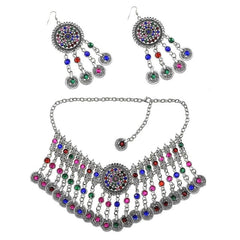 Afghan Silver Color Coin Tassel Bib Statement Necklace & Earring Sets for Women Turkish Gypsy Rhinestone Necklace Party  Jewelry