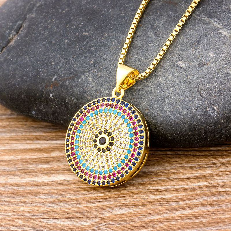 Hot Sale Turkish Round Evil Eye Pendant Necklace Woman Micro Pave CZ Copper Zircon Gold Chain Necklace Best Gift For Female