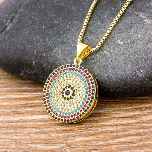 Hot Sale Turkish Round Evil Eye Pendant Necklace Woman Micro Pave CZ Copper Zircon Gold Chain Necklace Best Gift For Female