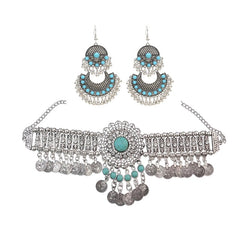 Afghan Silver Color Coin Tassel Bib Statement Necklace & Earring Sets for Women Turkish Gypsy Rhinestone Necklace Party  Jewelry