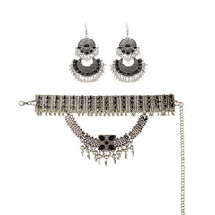 Afghan Silver Color Coin Tassel Bib Statement Necklace & Earring Sets for Women Turkish Gypsy Rhinestone Necklace Party  Jewelry