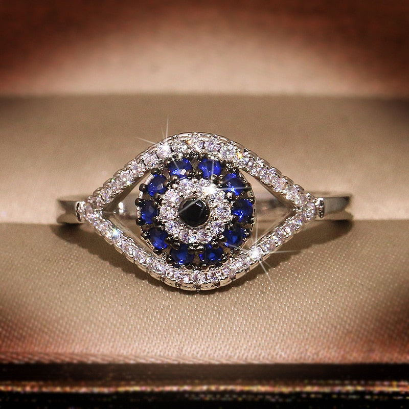 Female Blue Crystal Stone Ring Charm Zircon Silver Color Wedding Rings For Women Dainty Evil Eye Hollow Engagement Ring