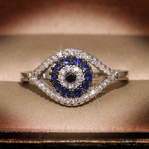 Female Blue Crystal Stone Ring Charm Zircon Silver Color Wedding Rings For Women Dainty Evil Eye Hollow Engagement Ring