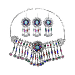 Afghan Silver Color Coin Tassel Bib Statement Necklace & Earring Sets for Women Turkish Gypsy Rhinestone Necklace Party  Jewelry