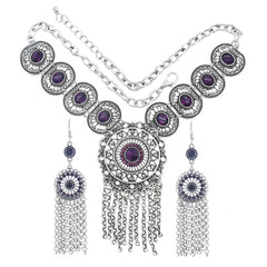 Afghan Silver Color Coin Tassel Bib Statement Necklace & Earring Sets for Women Turkish Gypsy Rhinestone Necklace Party  Jewelry