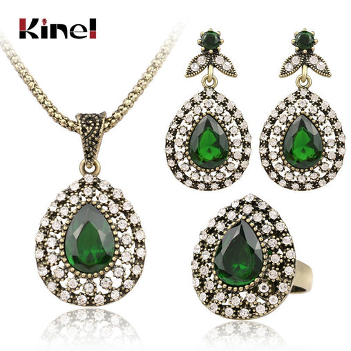 Kinel 3Pcs Vintage Jewelry Sets For Women Antique Gold Pink Crystal Wedding Party Earrings Necklace Ring Female Turkish Jewelry