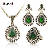 Kinel 3Pcs Vintage Jewelry Sets For Women Antique Gold Pink Crystal Wedding Party Earrings Necklace Ring Female Turkish Jewelry