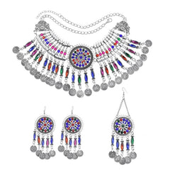 Afghan Silver Color Coin Tassel Bib Statement Necklace & Earring Sets for Women Turkish Gypsy Rhinestone Necklace Party  Jewelry