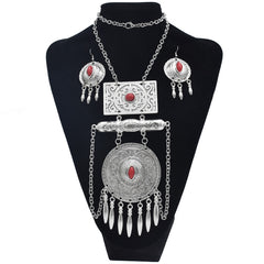 Afghan Jewelry Sets for Bohemian Tibetan Silver Color Metal Red Blue Stone Necklace Bracelet Earring Sets Indian Turkish Tribal