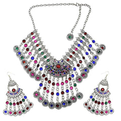 Afghan Silver Color Coin Tassel Bib Statement Necklace & Earring Sets for Women Turkish Gypsy Rhinestone Necklace Party  Jewelry