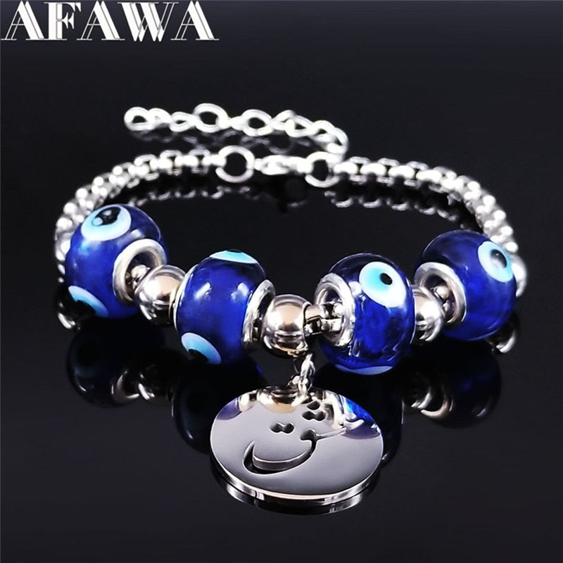 Blue Islam Eyes Persian Love Poems Stainless Steel Glass Beads Bracelet Bangle Silver Color Charm Bracelet Jewelry bijoux BXS05